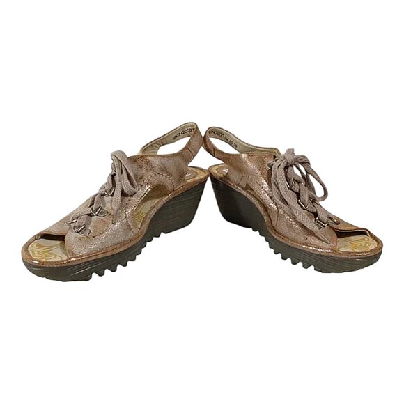 Fly London Yifa Leather Lace-up Wedge Sandals Metallic Taupe Good Cond - 39 - Picture 8 of 10